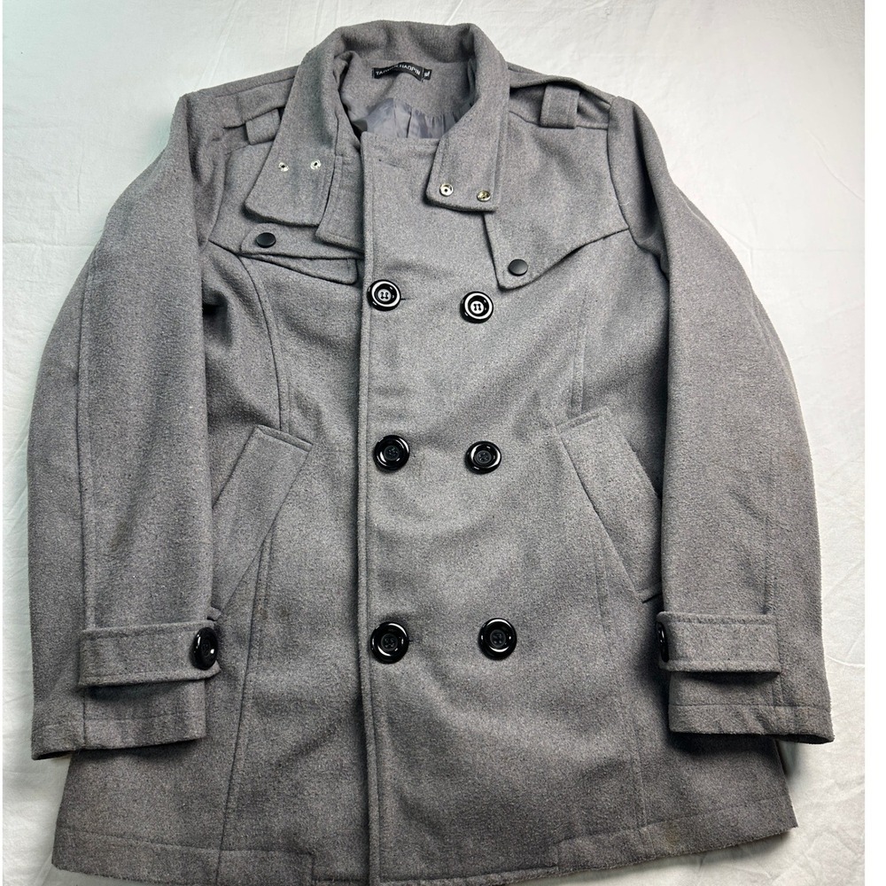Taoniuchaopin Gray Double Breasted Pea Coat Unisex XL Wool Blend Epaulets